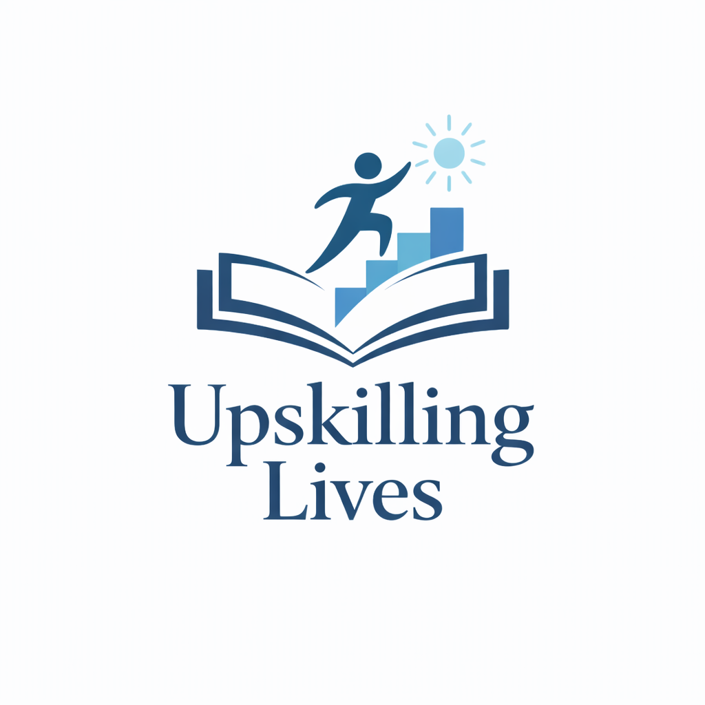 Logo of Upskilling Lives showing a learner climbing steps emerging from an open book, reaching towards light, symbolising education, growth, and lifelong learning